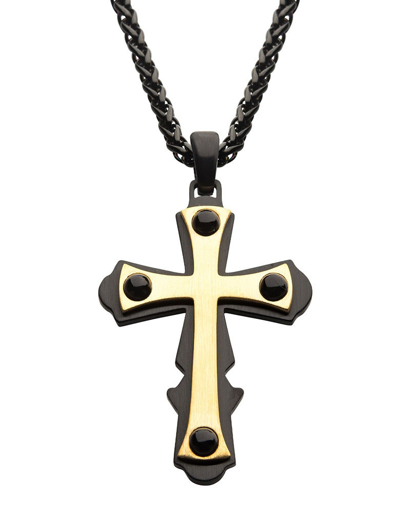 Men's Black and Gold Stainless Steel and Black Agate Cross Necklace