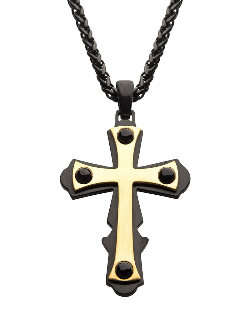 Black and Gold Steel Cross Necklace