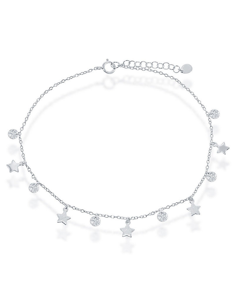 Sterling Silver Dangle Silver Stars and CZ Anklet
