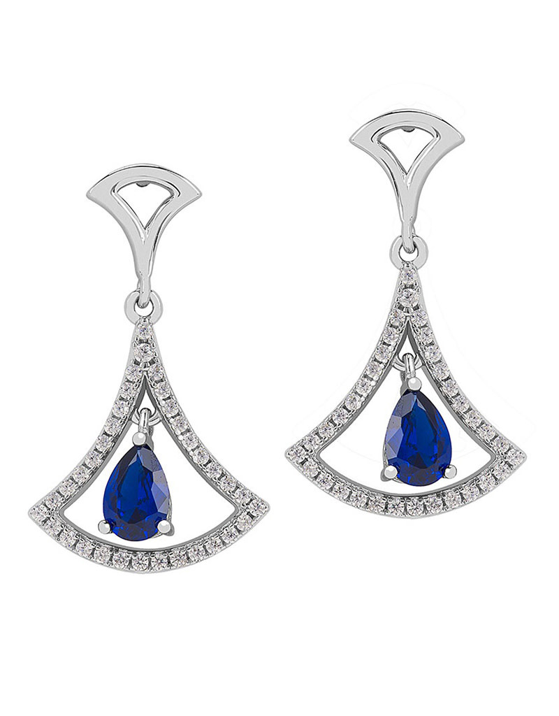 Fan Design Blue CZ Dangle Earrings