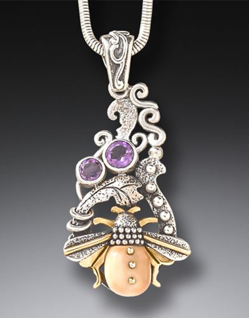 ZEALANDIA Sterling Silver Ancient Walrus Ivory and Amethyst Bee Pendant