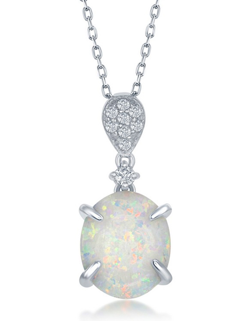 Oval White Opal and CZ Necklace