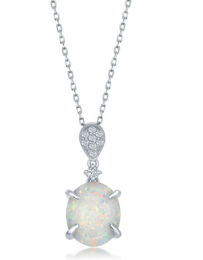 Sterling Silver Oval White Synthetic Opal and CZ Necklace
