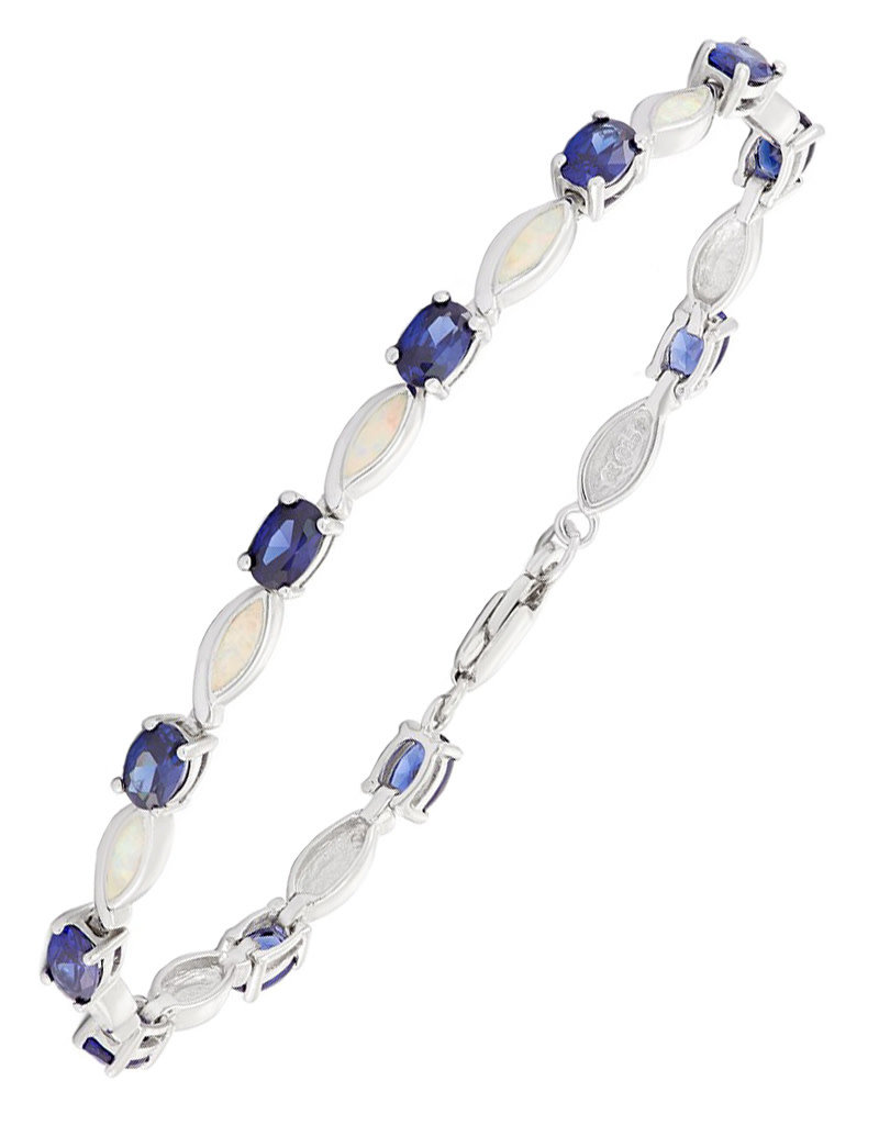 Sterling Silver Oval Blue CZ & Synthetic Opal Bracelet