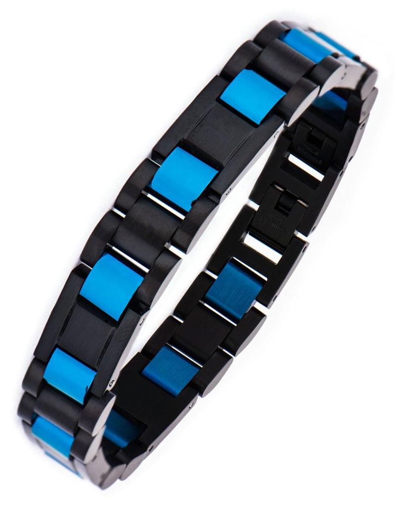 Men's Black & Blue Stainless Steel Bracelet 8.5"-9"