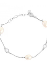Sterling Silver Pearl & CZ Chain Bracelet 7.5"+1" Extender