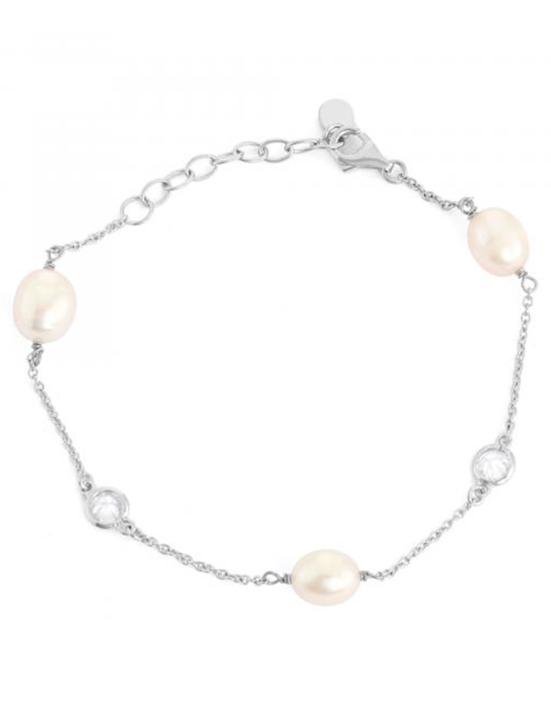 Pearl & CZ Chain Bracelet 7.5"+1"