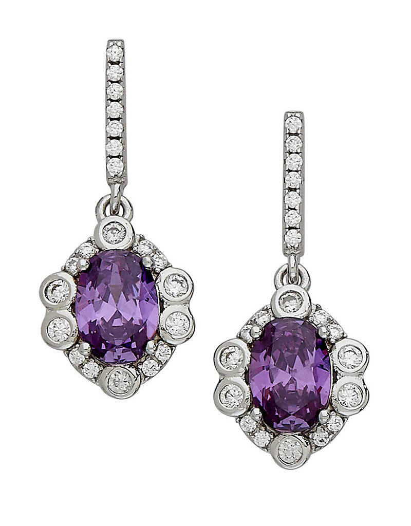 Sterling Silver Amethyst CZ Rosette Design Dangle Earrings