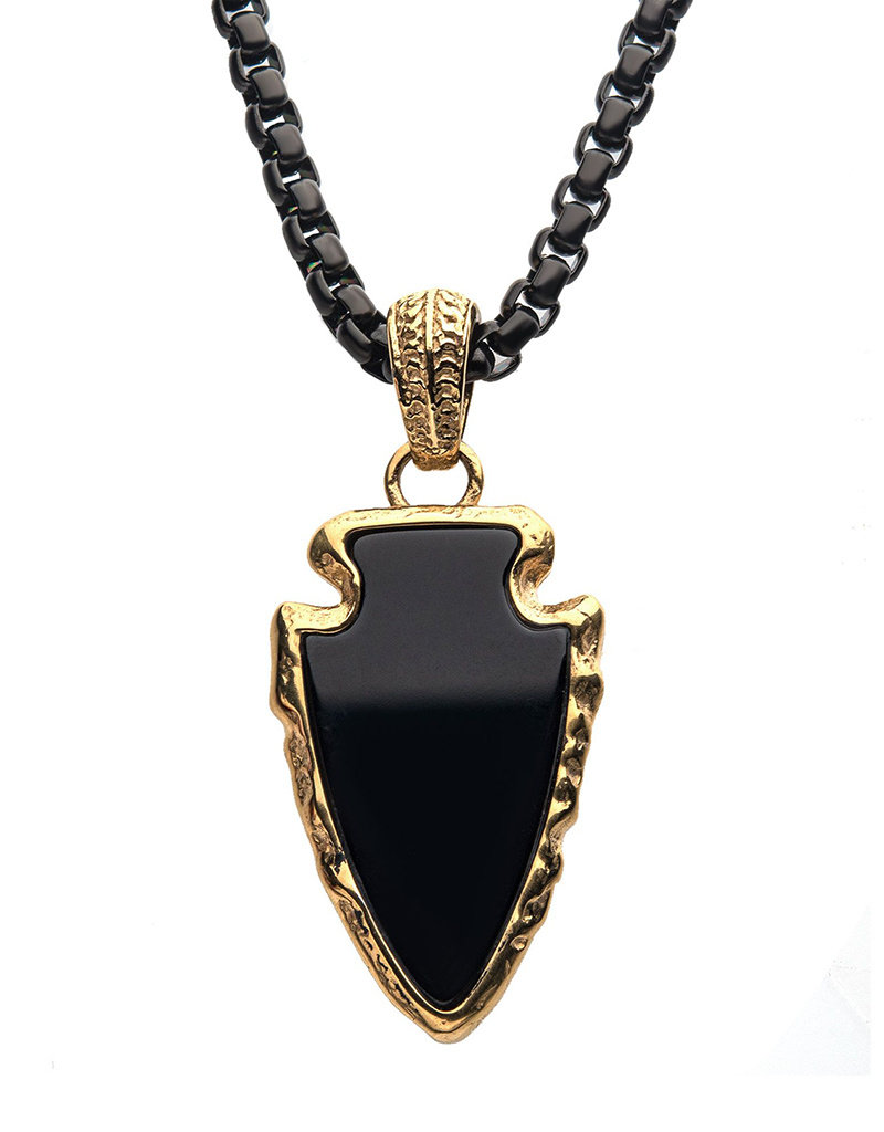 Men's Stainless Steel Black Agate Arrowhead Necklace 24"