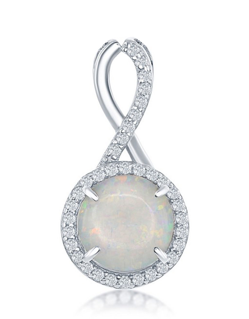 Sterling Silver Synthetic White Opal with CZ Halo Necklace