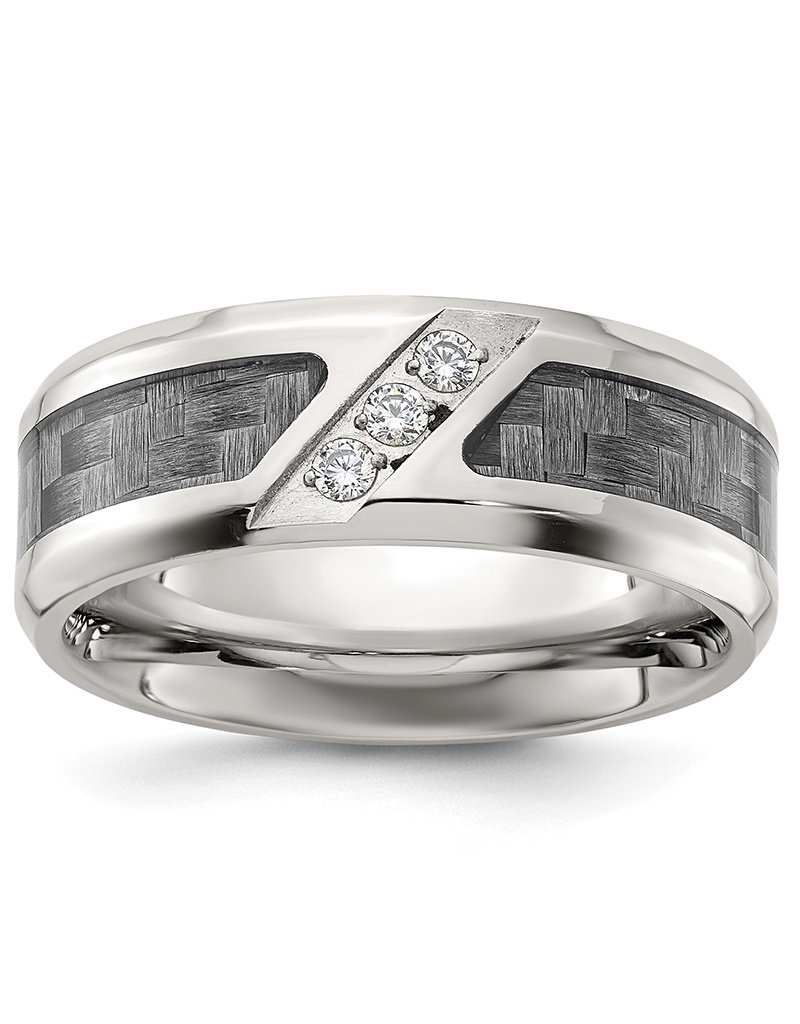 Men's Gray Carbon Inlay and CZ Stainless Steel Band Ring