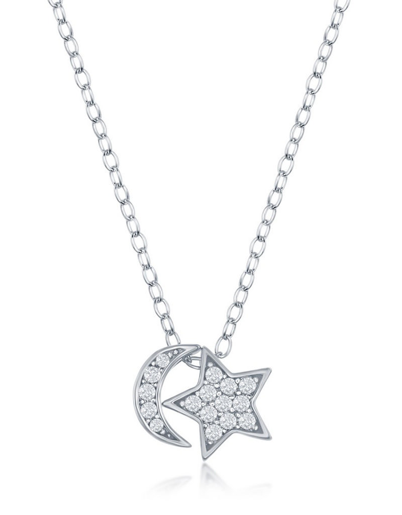 Sterling Silver CZ Moon and Star Necklace