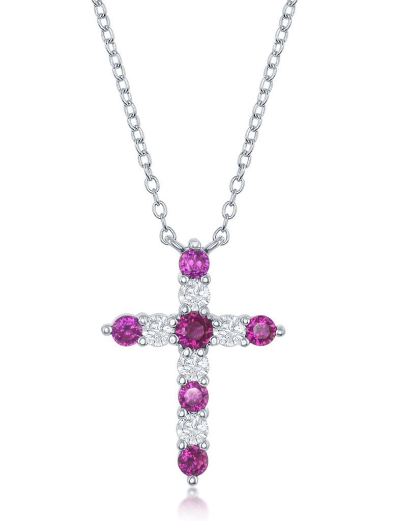 Sterling Silver Ruby CZ Cross Necklace