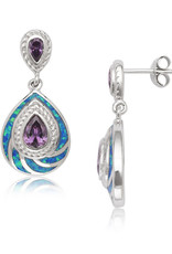 Sterling Silver Synthetic Opal and Purple CZ Teardrop Dangle Earrings