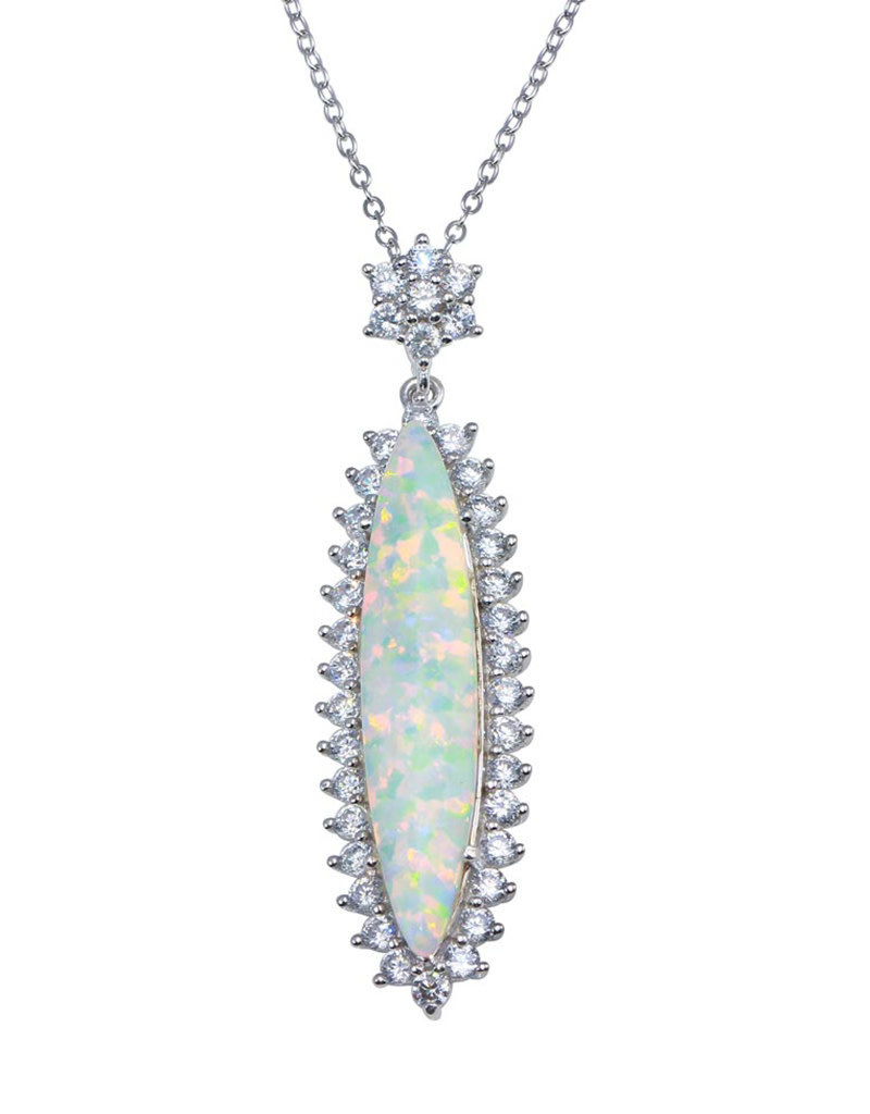 Sterling Silver Marquise Synthetic Opal and CZ Necklace