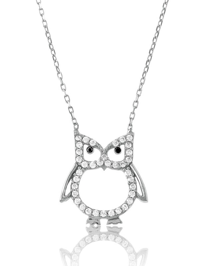 Sterling Silver Owl CZ Necklace 17"+1" Extender