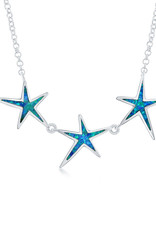 Sterling Silver 3-Starfish Synthetic Blue Opal Necklace 16"+2" Extender