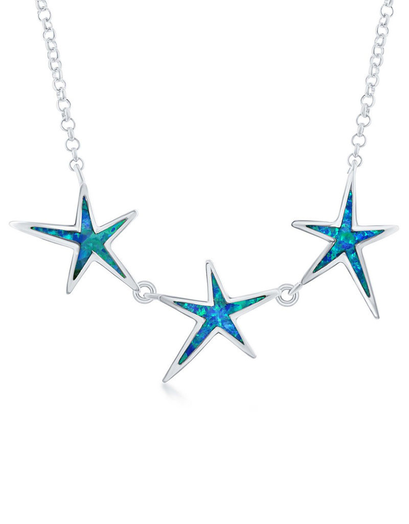 Sterling Silver 3-Starfish Synthetic Blue Opal Necklace 16"+2" Extender