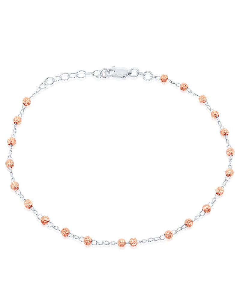 Sterling Silver 3mm Diamond Cut Bead Rose Gold Vermeil Anklet 9"+1" Extender
