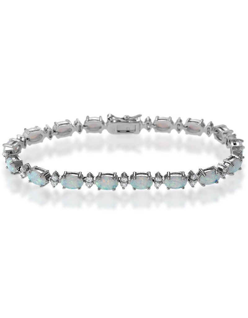 Sterling Silver Oval Synthetic White Opal and CZ Bracelet 7"