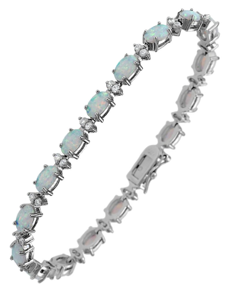 Sterling Silver Oval Synthetic White Opal and CZ Bracelet 7"