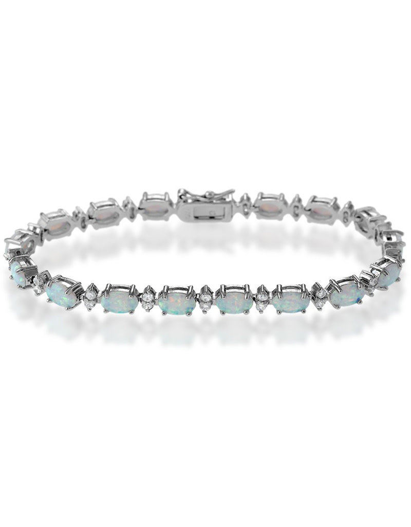 Sterling Silver Oval Synthetic White Opal and CZ Bracelet 7"