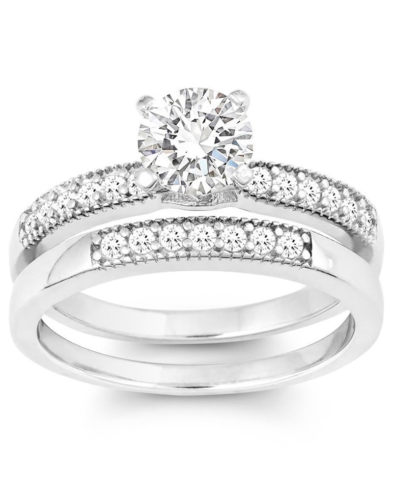 Sterling Silver Bridal Set with 6mm round Cubic Zirconia Ring