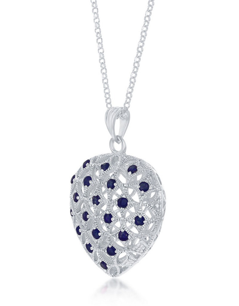 Sterling Silver Created Sapphire Puffed Heart Pendant