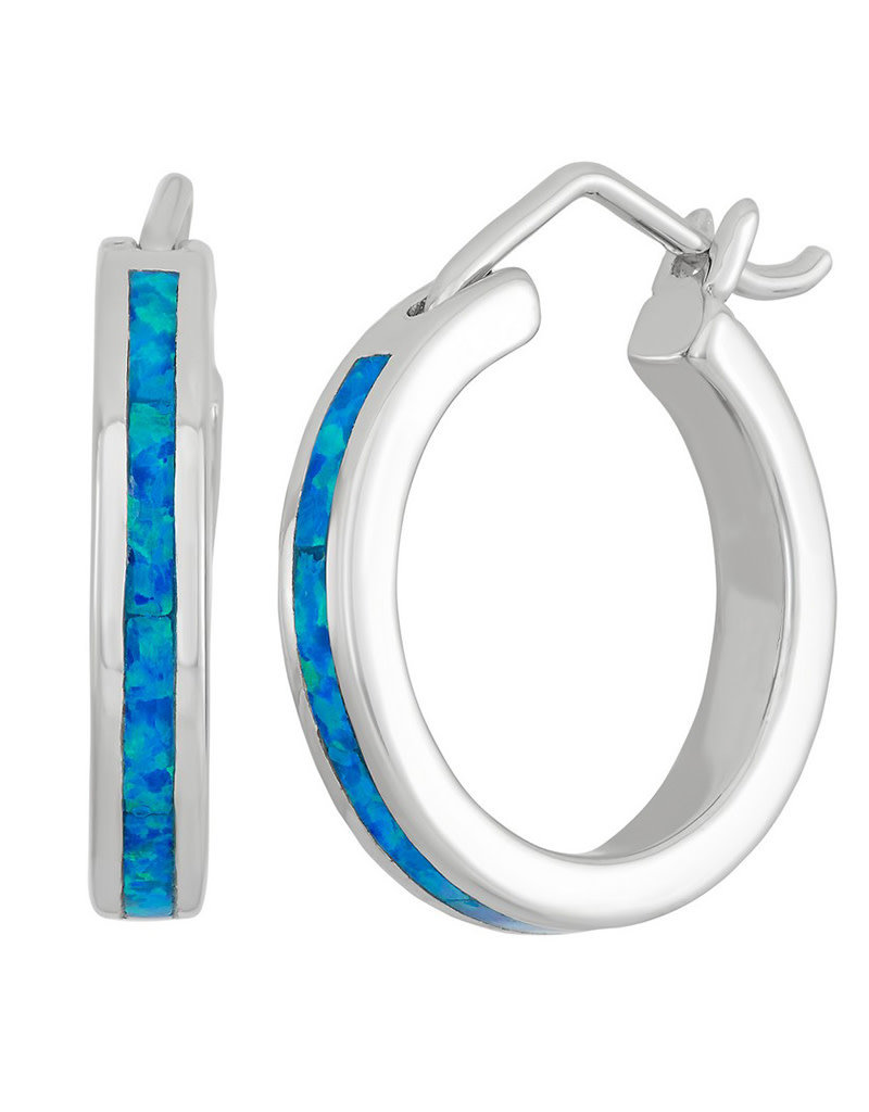 Sterling Silver Hoop Earrings With Synthetic Blue Opal 19mm