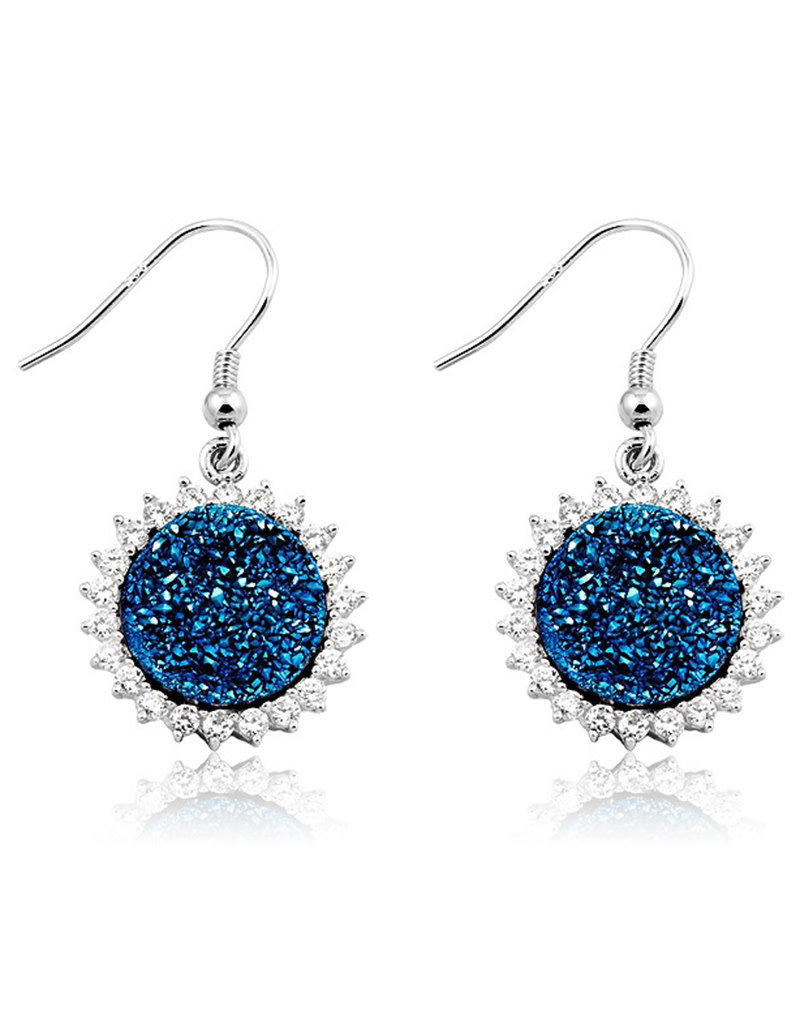 Sterling Silver Round Blue Druzy Quartz with Cubic Zirconia Earrings 18mm