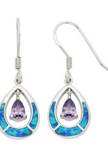 Sterling Silver Teardrop Synthetic Opal & Purple Cubic Zirconia Earrings 16mm