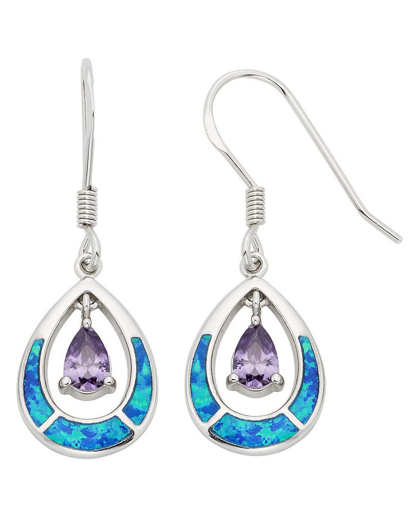 Sterling Silver Teardrop Synthetic Opal & Purple Cubic Zirconia Earrings 16mm