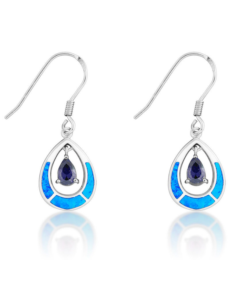 Sterling Silver Teardrop Earrings with Synthetic Opal and Tanzanite Color CZ 16mm