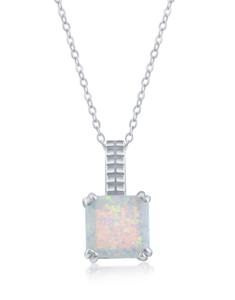 Sterling Silver Square White Synthetic Opal Necklace 18"