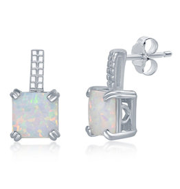 Beaded Bar Square White Opal Earrings