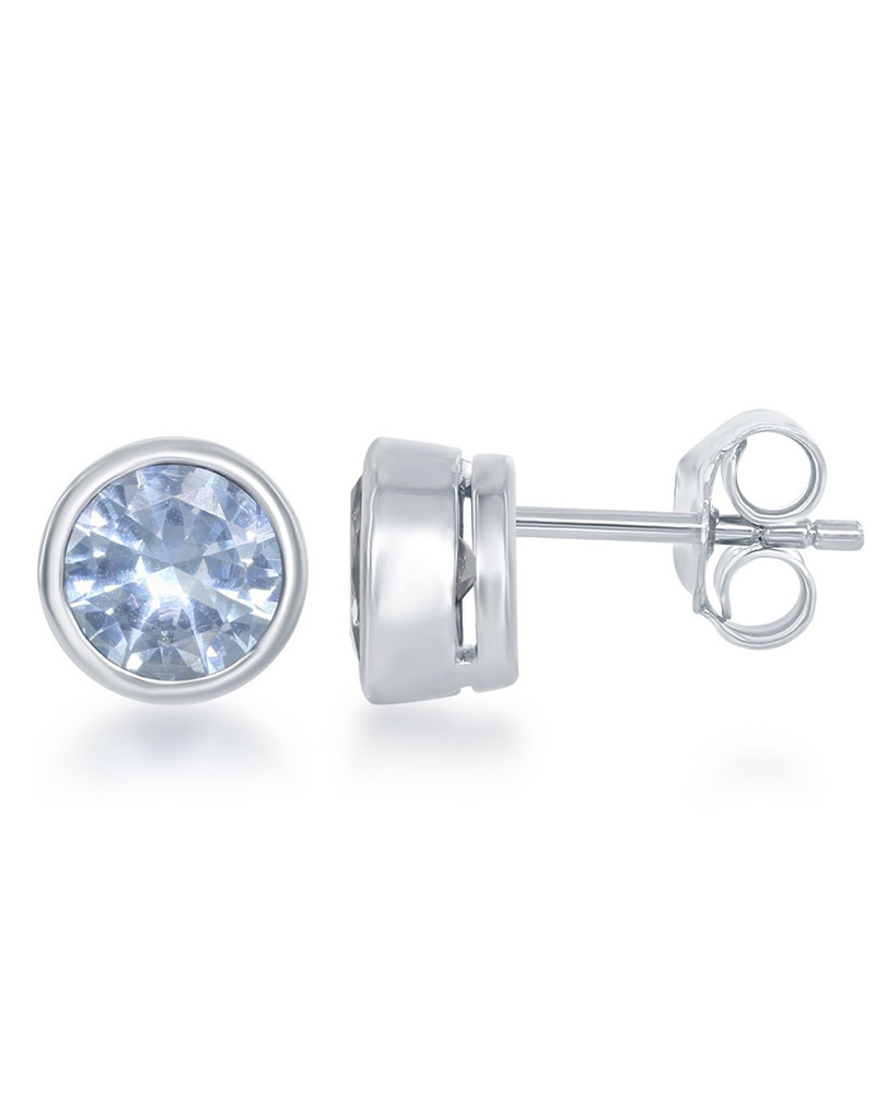 Created Aquamarine Bezel Set Stud Earrings