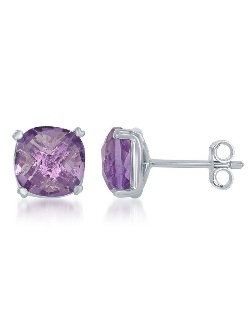Sterling Silver Cushion Cut Amethyst Stud Earrings 8mm