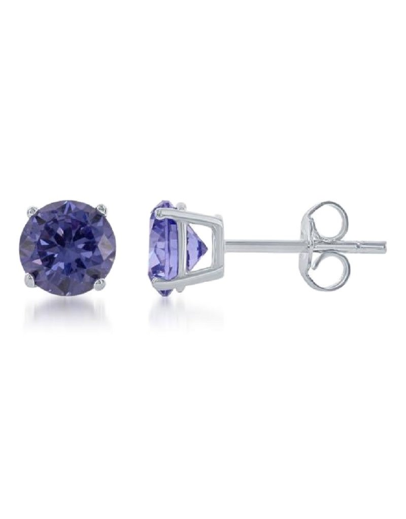 Sterling Silver Round Tanzanite Color Cubic Zirconia Stud Earrings 6mm