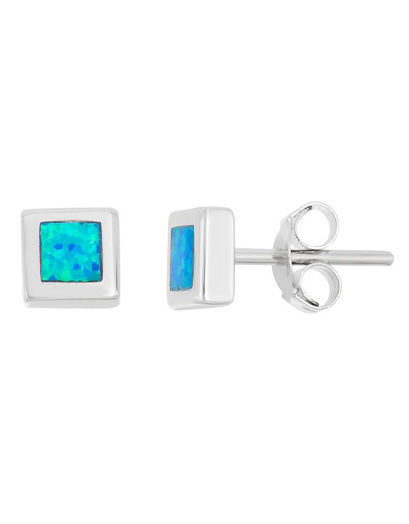 Sterling Silver Square Synthetic Opal Stud Earrings 6mm