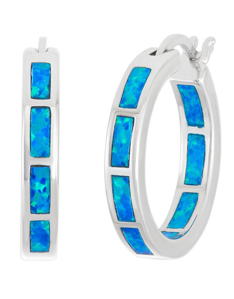 Sterling Silver Synthetic Blue Opal Hoop Earrings 19mm