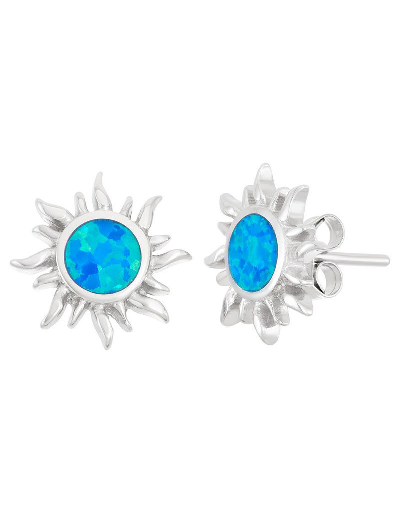 Sterling Silver Sun with Blue Synthetic Opal Post Earrings 14mm