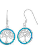 Sterling Silver Tree of Life Blue Synthetic Opal Earrings 17mm