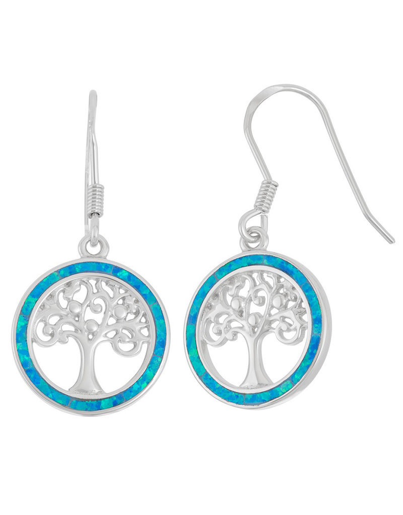 Sterling Silver Tree of Life Blue Synthetic Opal Earrings 17mm