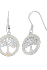 Sterling Silver Tree of Life White Synthetic Opal Earrings 17mm