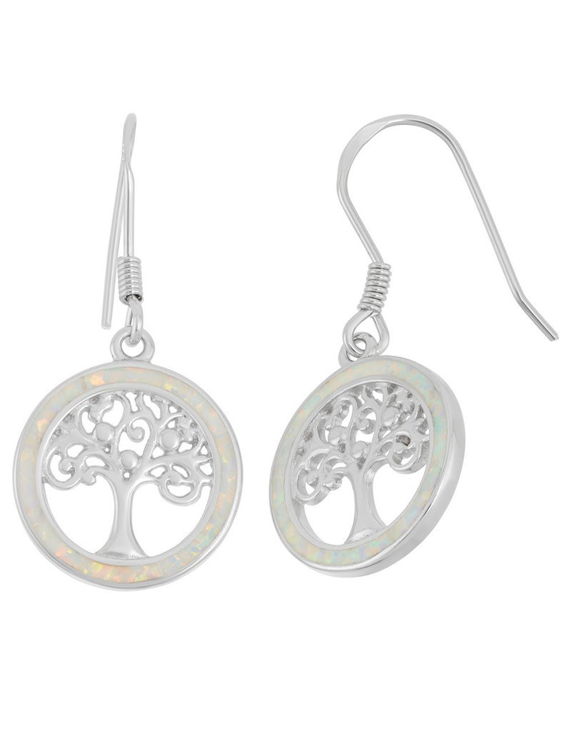 Sterling Silver Tree of Life White Synthetic Opal Earrings 17mm