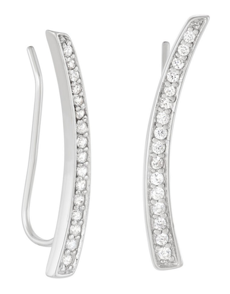 Sterling Silver Curved Bar Cubic Zirconia Ear Climber Earrings 25mm