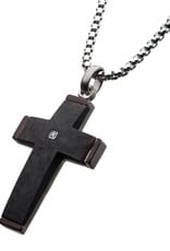 Men's Black Stainless Steel and Carbon Fiber Diamond Cross Necklace