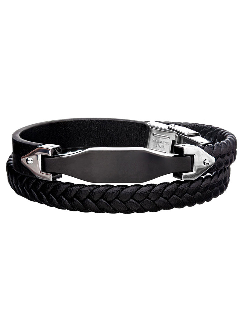 Men's Black Stainless Steel and Leather Wrap Bracelet