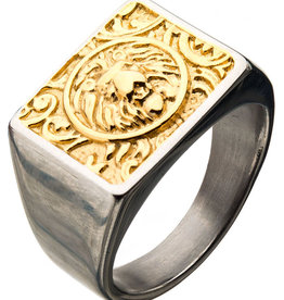 Gold Steel Lion Signet Ring