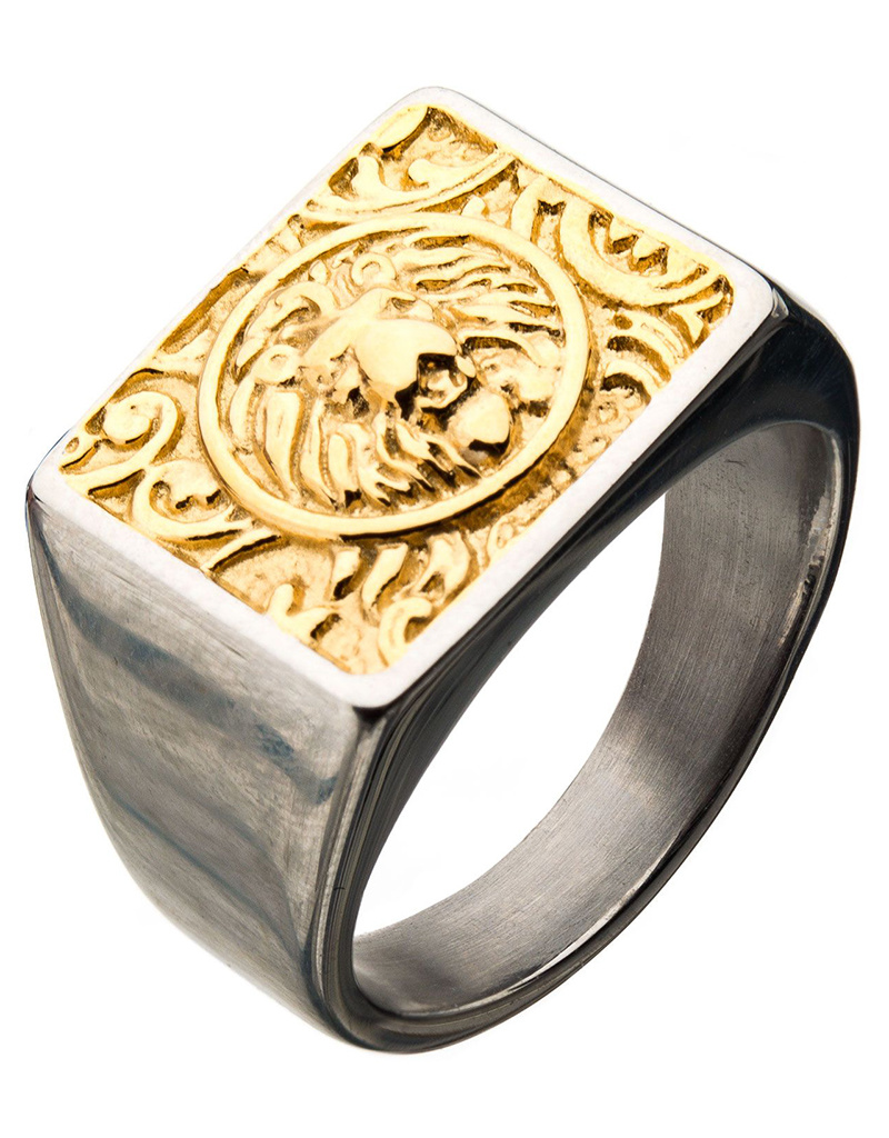 Gold Steel Lion Signet Ring